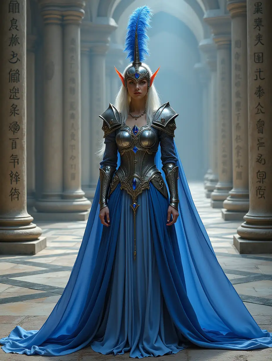 An elven queen stands in a grand hall, her armor adorned with intricate metalwork and lapis lazuli gemstones, a feathered helmet crowning her attire. A gown of pale sapphire silk flows around her, suggesting strength and grace. She is surrounded by stone columns with ancient runes, the vaulted ceilings high above.