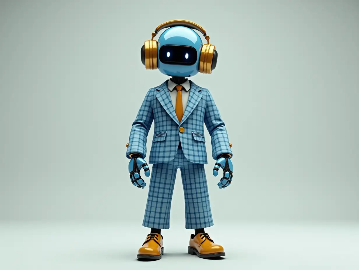 Create a high-resolution, realistic image of a robot with square eyes, golden headphones of a fashionable blue and white checkered suit, patent leather shoes and strike a pose