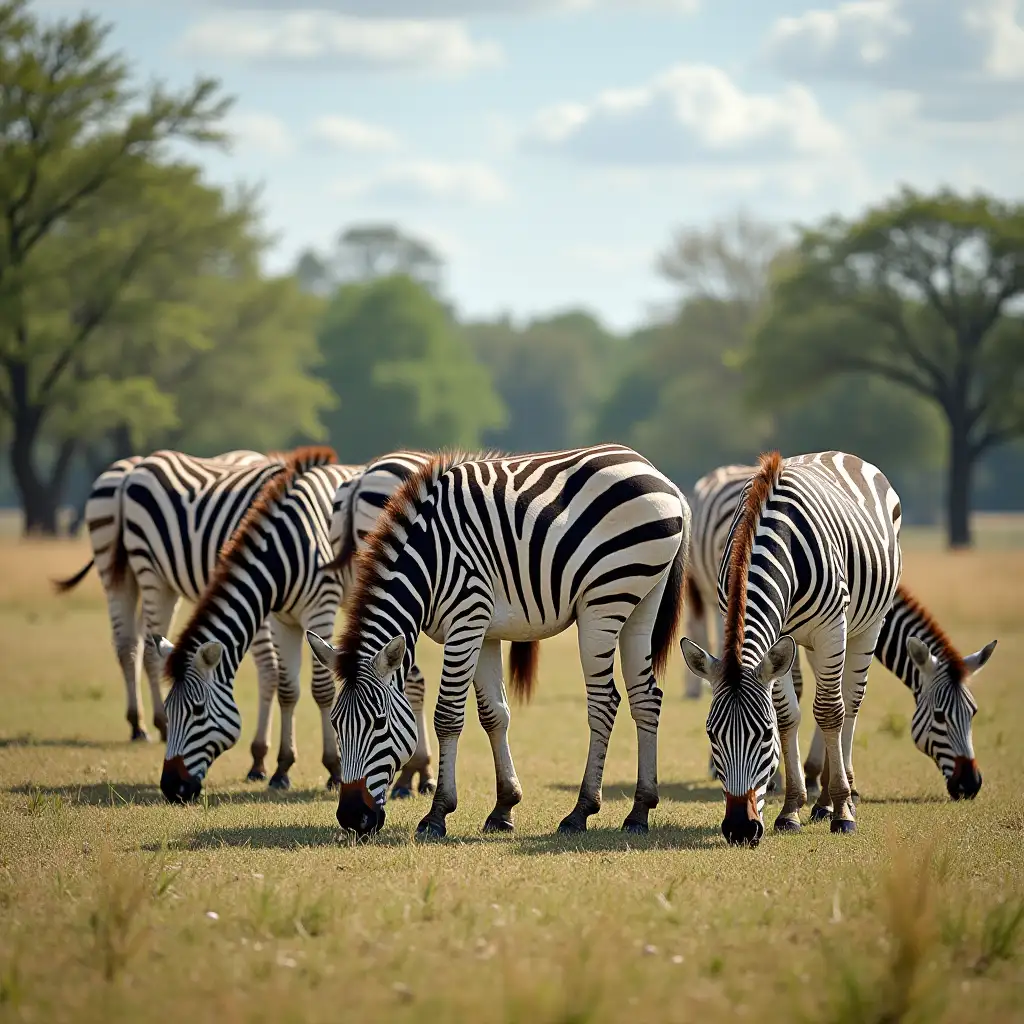 a hyperrealistic image of a group of zebras grazing on a sunny day, in an open-air nature park