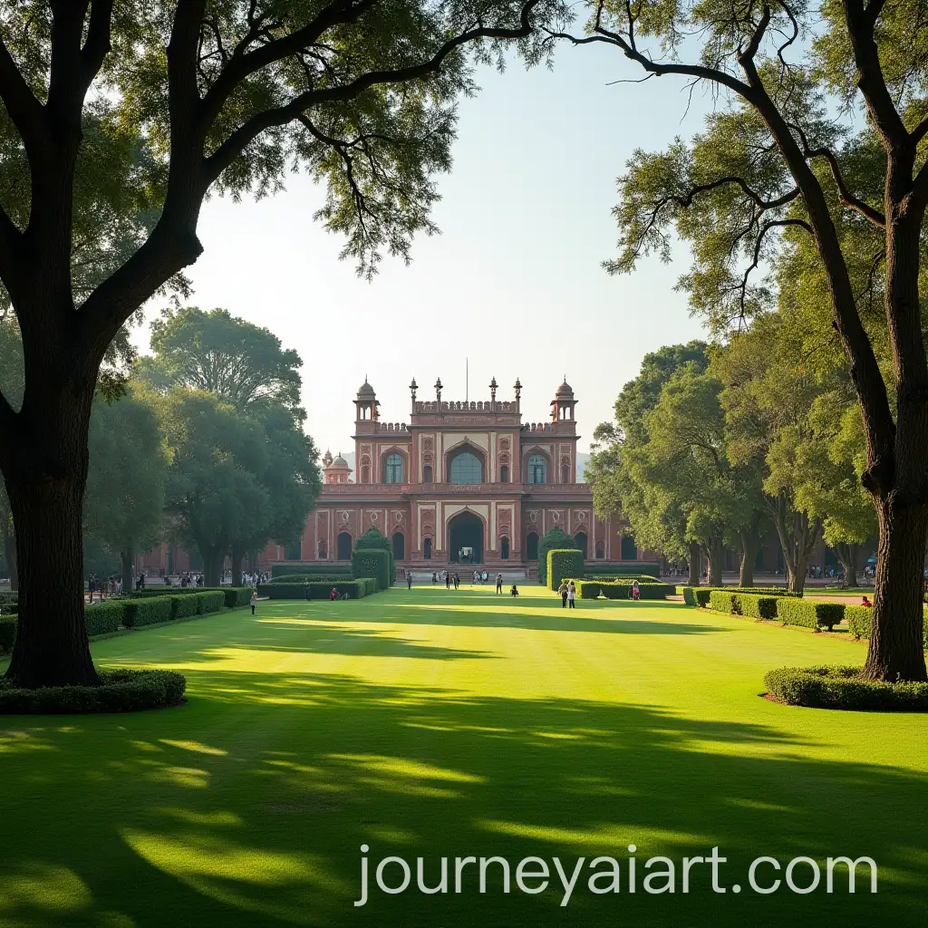 Indian-Hotels-Surrounded-by-Lush-Green-Lawns-and-Trees-with-People-Walking