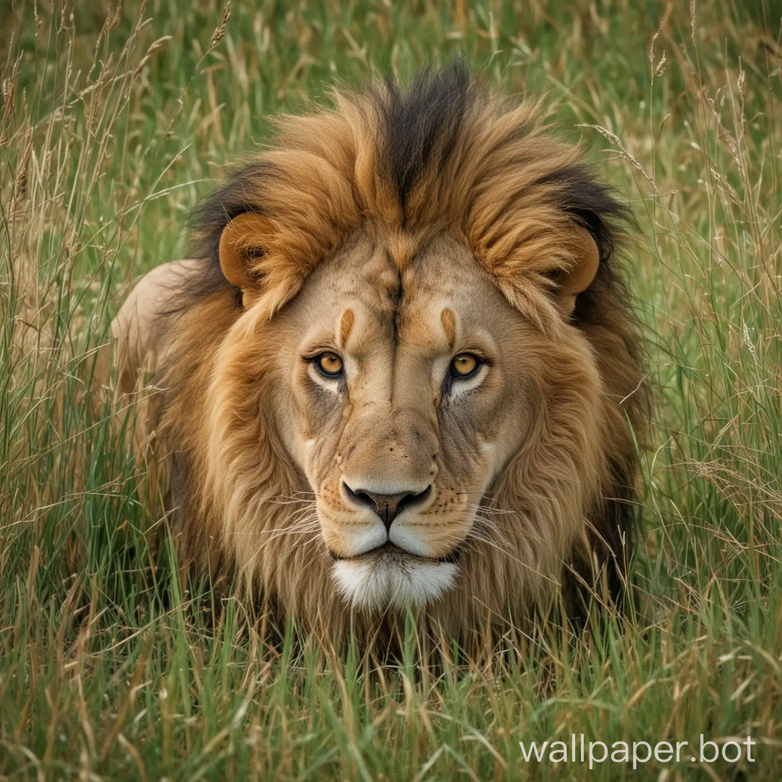 a powerful lion hiding in the savanna behind the grass