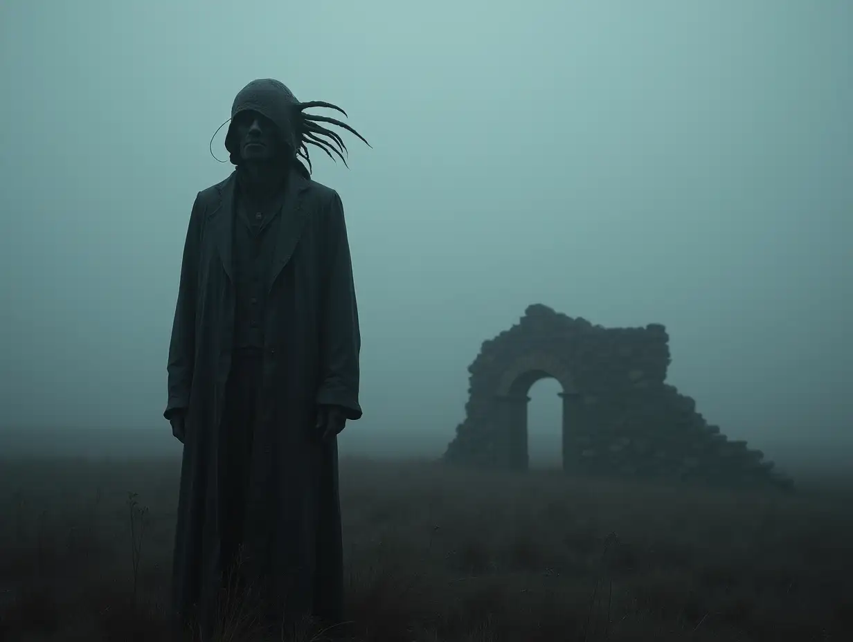 Black-Statue-of-a-Man-with-Shellfish-Head-in-Abandoned-Field-with-Fog-and-Ruins