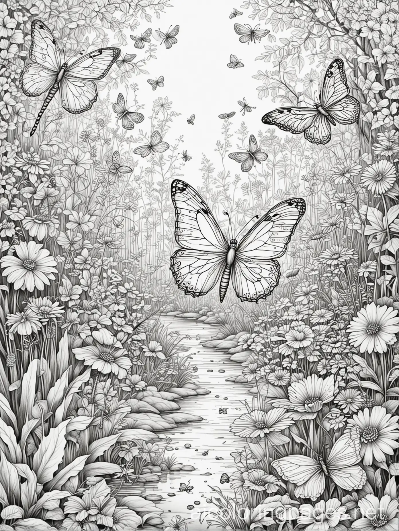 dreamy inspirational feiry with butterflies and dragonflies in a garden, Coloring Page, black and white, line art, white background, Simplicity, Ample White Space. The background of the coloring page is plain white to make it easy for young children to color within the lines. The outlines of all the subjects are easy to distinguish, making it simple for kids to color without too much difficulty, Coloring Page, black and white, line art, white background, Simplicity, Ample White Space. The background of the coloring page is plain white to make it easy for young children to color within the lines. The outlines of all the subjects are easy to distinguish, making it simple for kids to color without too much difficulty