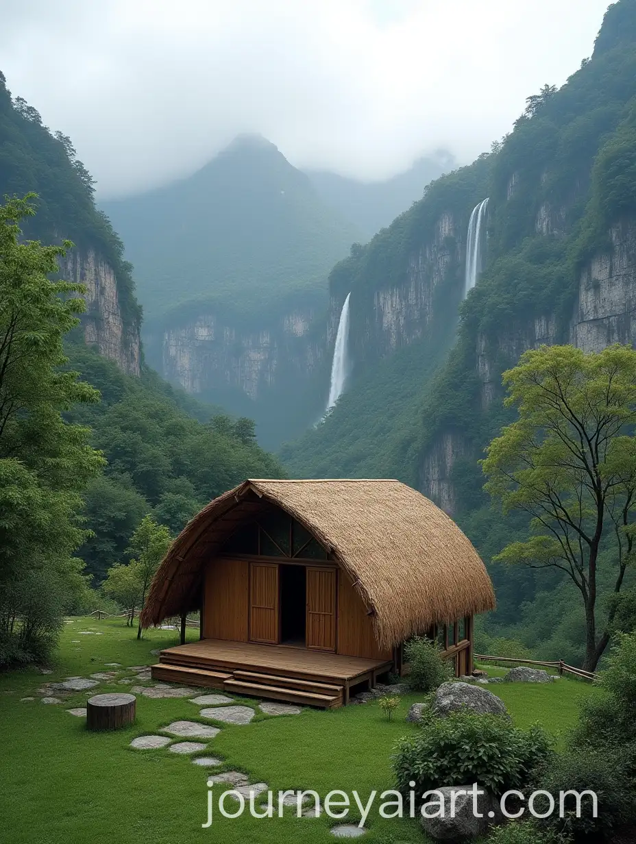 Bamboo-Hut-Surrounded-by-Mountain-and-Waterfall-in-Stunning-Tealistic-Style