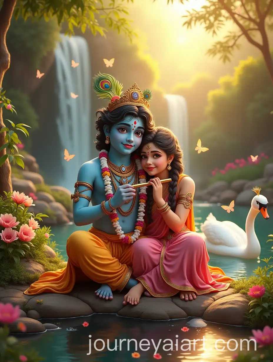 Krishna-and-Radha-in-Serene-Garden-with-Swan-and-Peacock