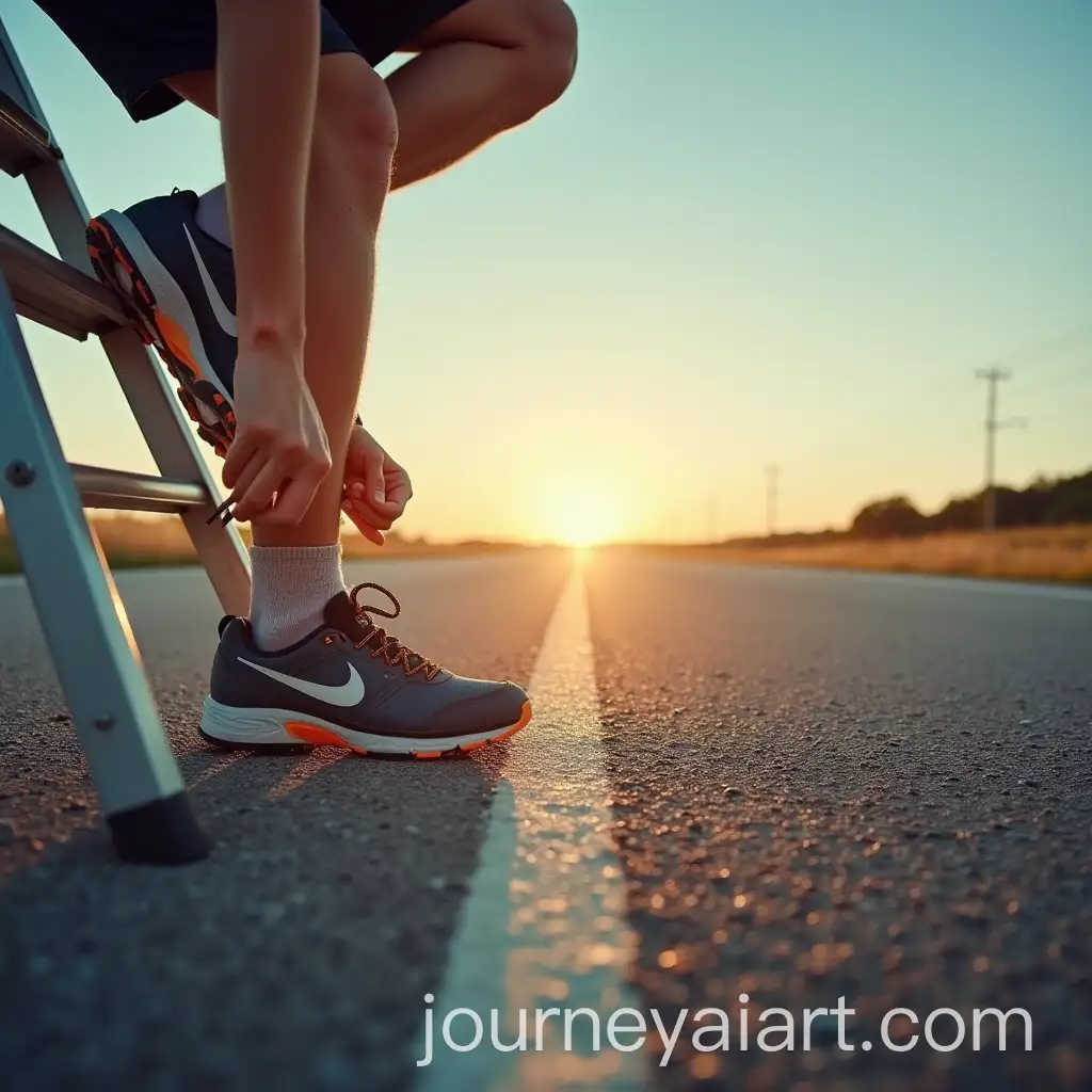 Person-Tying-Athletic-Shoes-and-Climbing-Ladder-on-Long-RoadAI-Art-Prompt-Expansion-Journey
