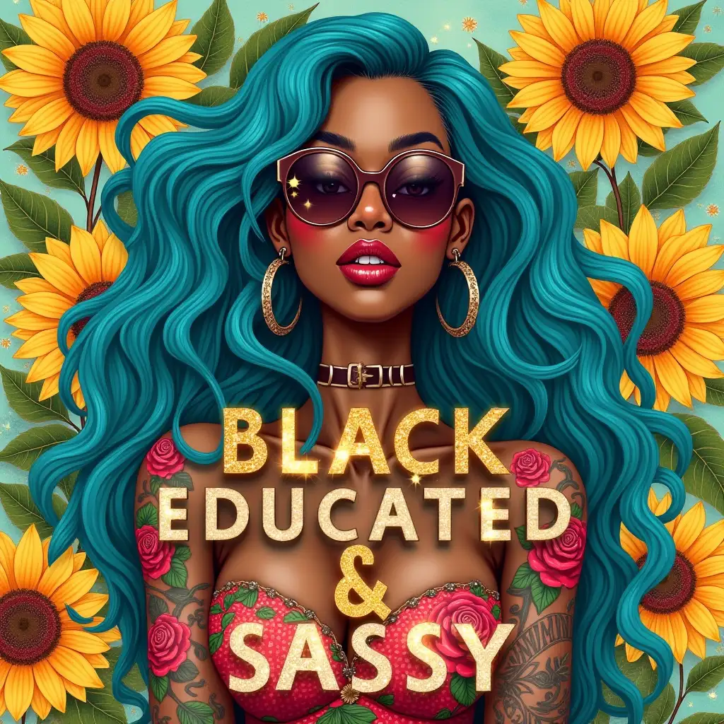 Vintage-style, Watercolor Art. A vibrant, hyperrealistic illustration featuring a confident Black woman with long, flowing blue and green hair. She is wearing round sunglasses and displaying visible tattoos adorned with colorful roses on her arms and shoulders. The background is filled with large, bright sunflowers, creating a warm and inviting atmosphere. The color palette is a mix of turquoise, gold, and bold floral hues, with sparkling glitter accents that catch the eye. Prominently displayed text states “BLACK EDUCATED & SASSY” in bold, striking letters. The overall aesthetic is modern, stylish, and empowering, radiating self-confidence and beauty.