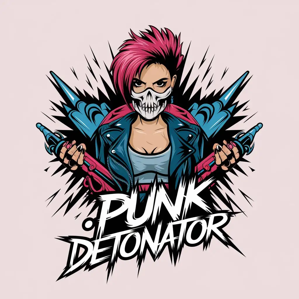 LOGO Design For Punk Detonator Red Head Girl Punk with Skull Mask Profile View in Realistic 4K Vector Style