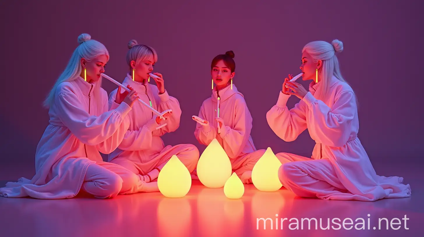 Futuristic Neon Women Playing Minimalist Instruments in Dark Studio