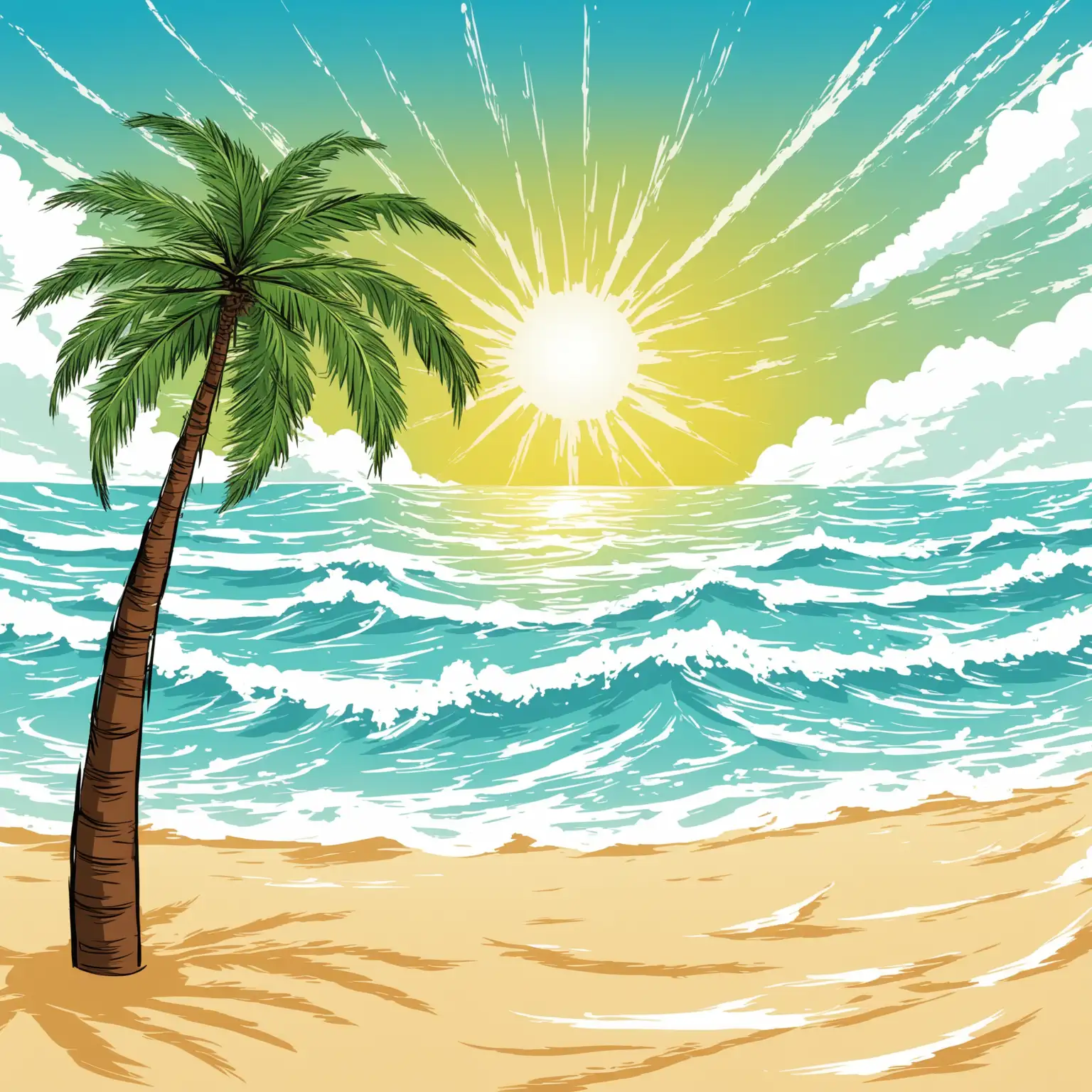 sunny beach with one complete palm tree on a windy day vector