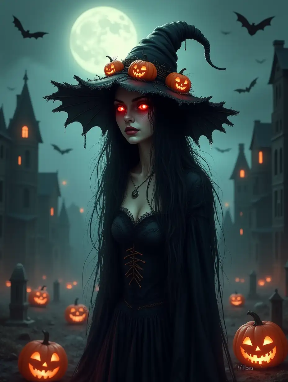 A detailed digital artwork depicting a spooky, dark-haired witch with glowing red eyes, wearing a ragged hat adorned with pumpkins and bats. She stands in a haunted, foggy graveyard filled with decaying buildings, jack-o'-lanterns, and flying bats under a full moon. The style is gothic and dark fantasy.