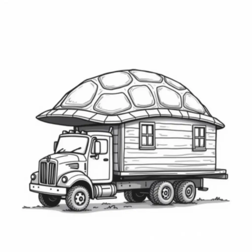 Cargo-Truck-Carrying-House-with-Turtle-Shell-Dome-Roof-in-Black-and-White-Doodle-Style