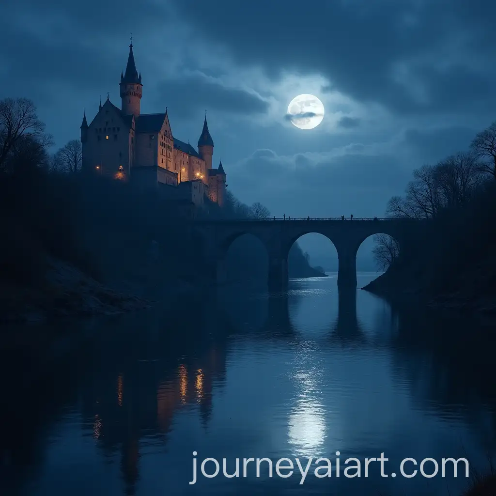 Moonlit-Castle-with-Bridge-Over-River-at-Night