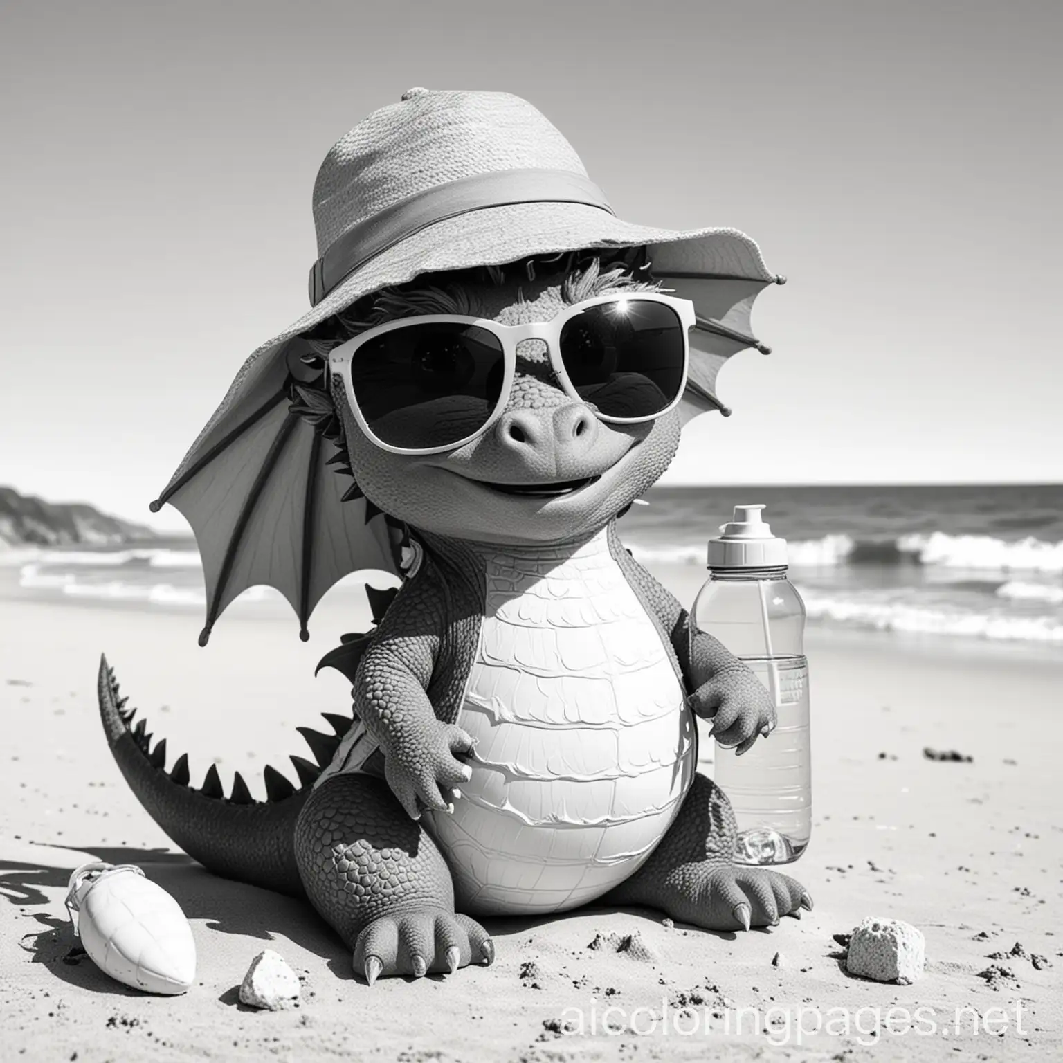 A little friendly and slightly chubby dragon spending its vacation at the beach with sunglasses, a hat, sunscreen, a water bottle and armbands , Coloring Page, black and white, line art, white background, Simplicity, Ample White Space