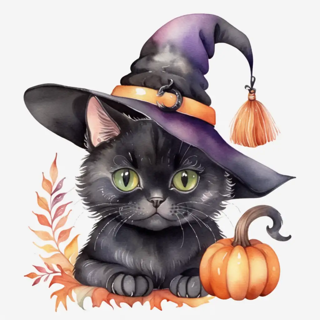 Cute Halloween Black Cat in Witch Hat Aesthetic Watercolor Art