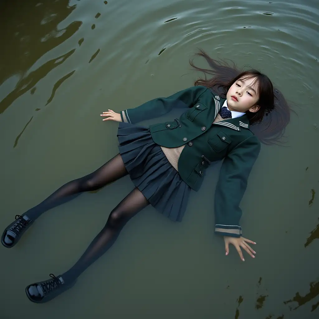 A young schoolgirl in a school uniform, with a skirt, jacket, blouse, dark tights, high-heeled shoes. She swims in a dirty pond, lies under water, in water up to her neck, the whole body is under water, submerged in water, under the surface of the water, all clothes are completely wet, clothes are soaked through, there are no dry areas of clothing, wet clothes stick to the body.