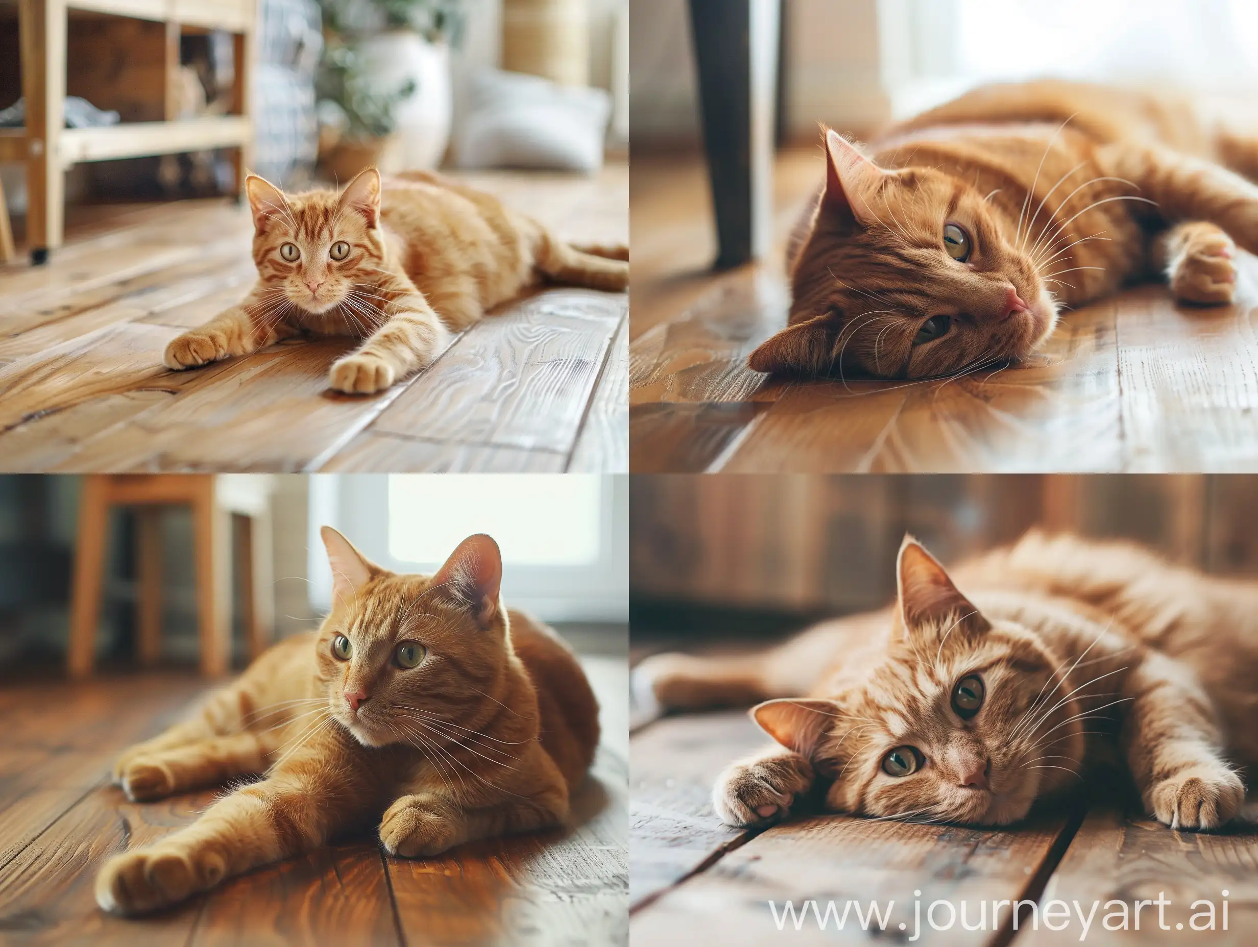 Ginger-Cat-Relaxing-on-Wooden-Apartment-Floor