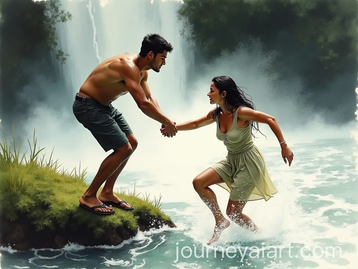Young-Woman-Slipping-on-Mossy-Stone-Helped-by-Strong-Traveler-in-River