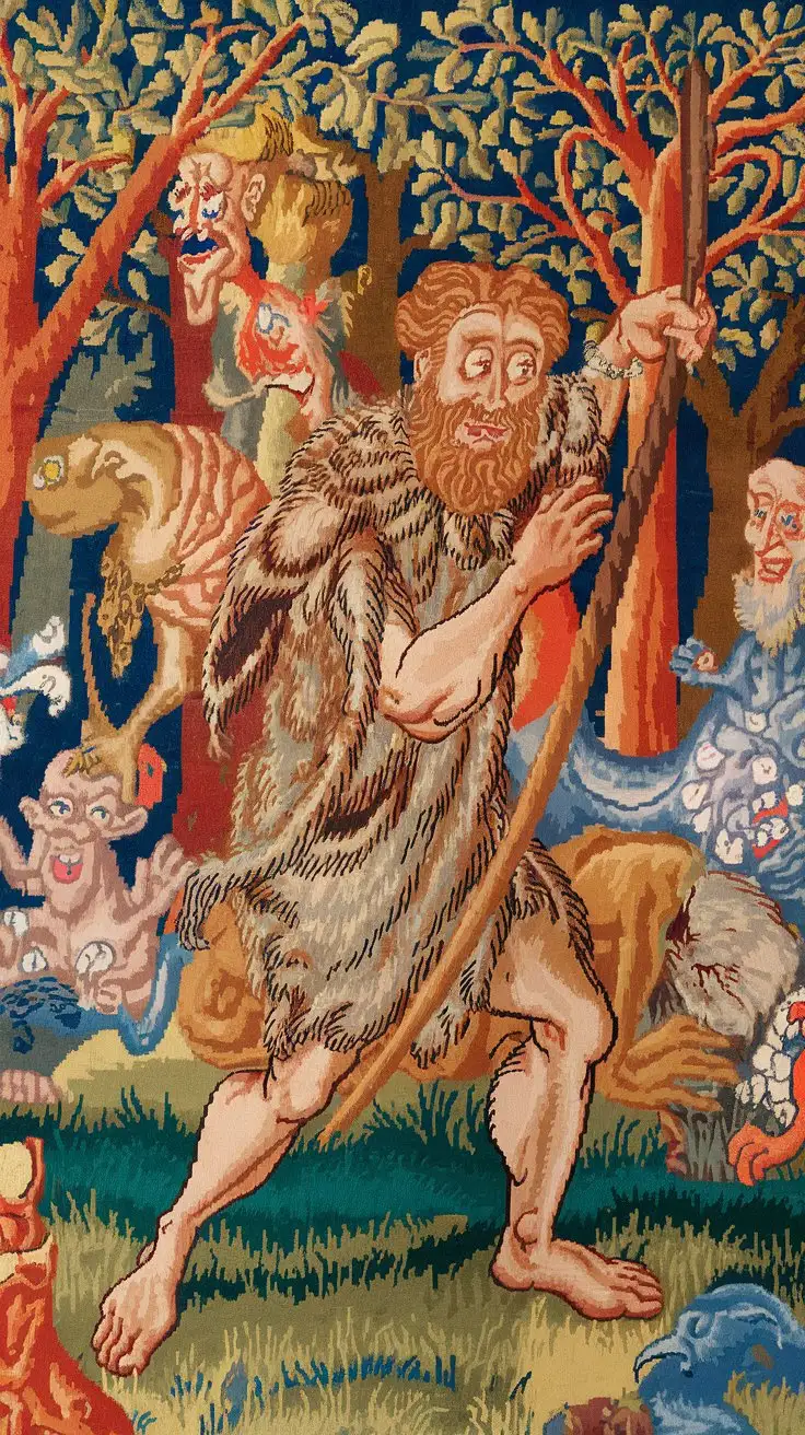 Wild-Man-in-Fur-Holding-Club-in-Medieval-Tapestry-with-Forest-Background