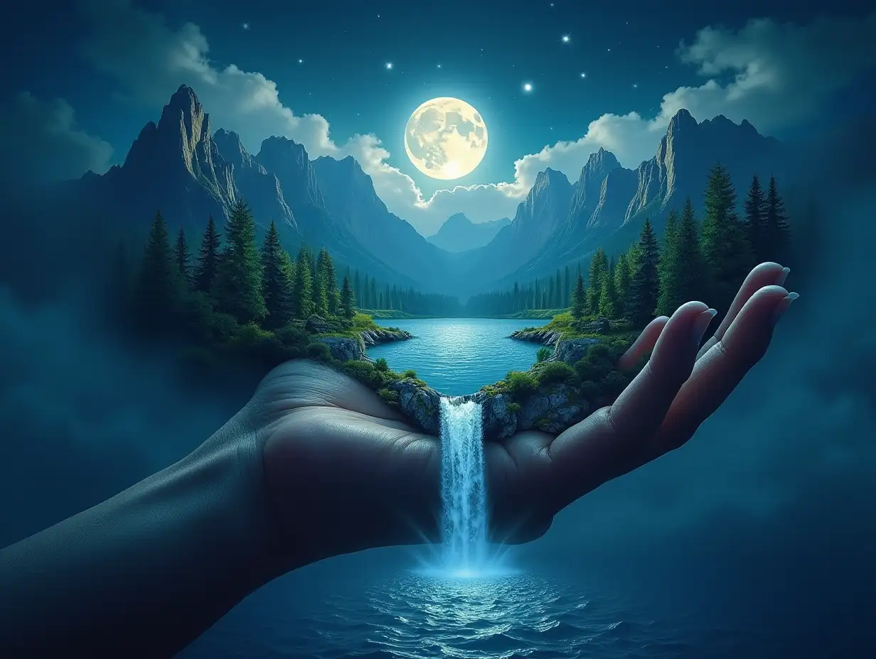 An outstretched hand with mountains, trees, a lake and a waterfall that falls from the hand into the sea with a nocturnal atmosphere with moon and stars