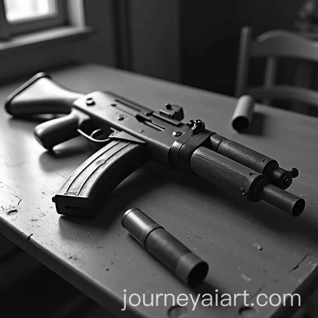Realistic-Black-and-White-Photo-of-a-Fictional-British-WW2-Submachine-Gun-with-Silencer