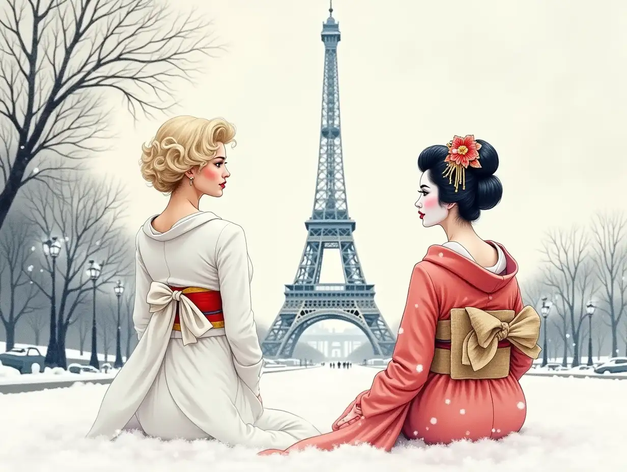 American-Marilyn-Monroe-and-Japanese-Geisha-Contemplating-the-Eiffel-Tower-in-Snowy-Winter