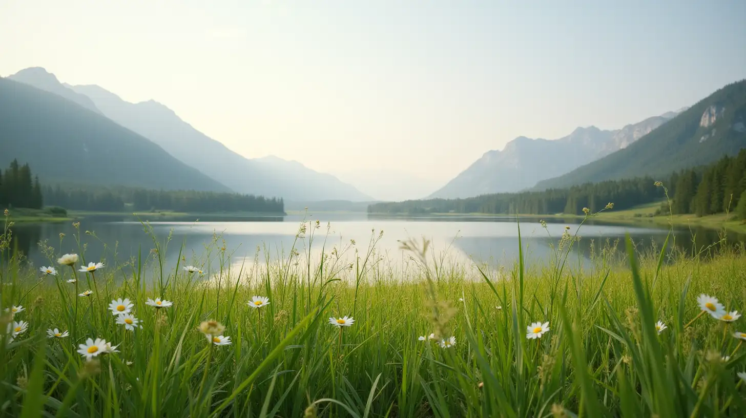 Serene Meadow Landscape by a Tranquil Lake