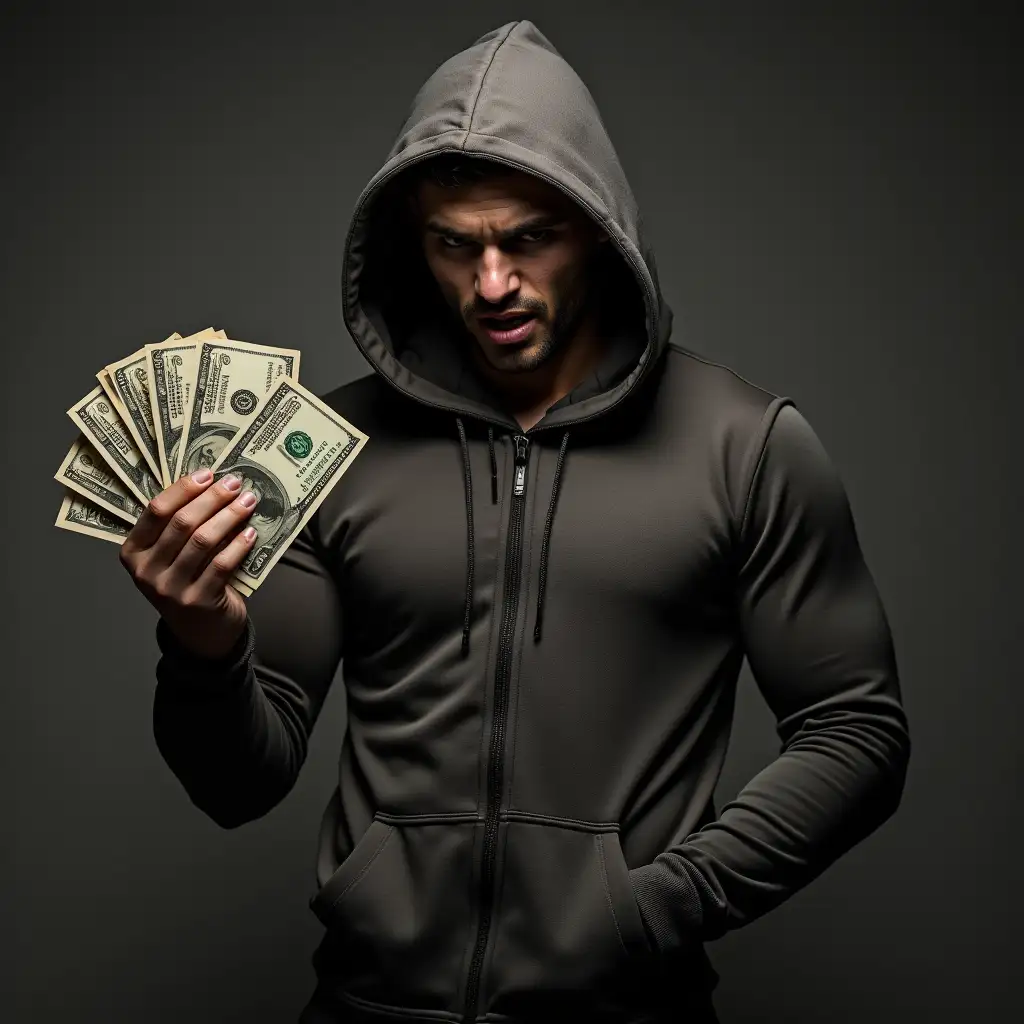 A buff man in a hoodie with a scary face and dollars in his hand