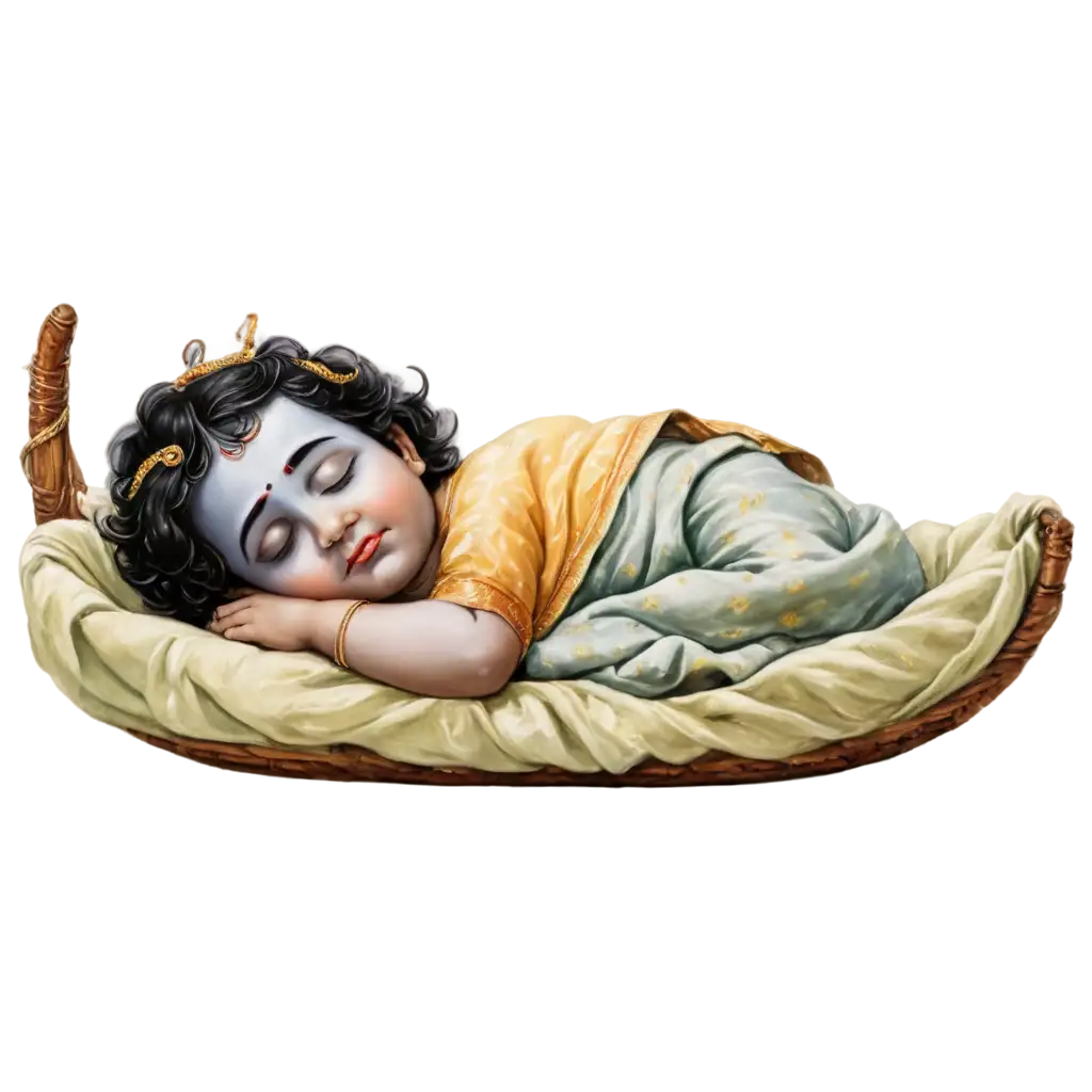 Little krishna sleeping in a cloth cradle