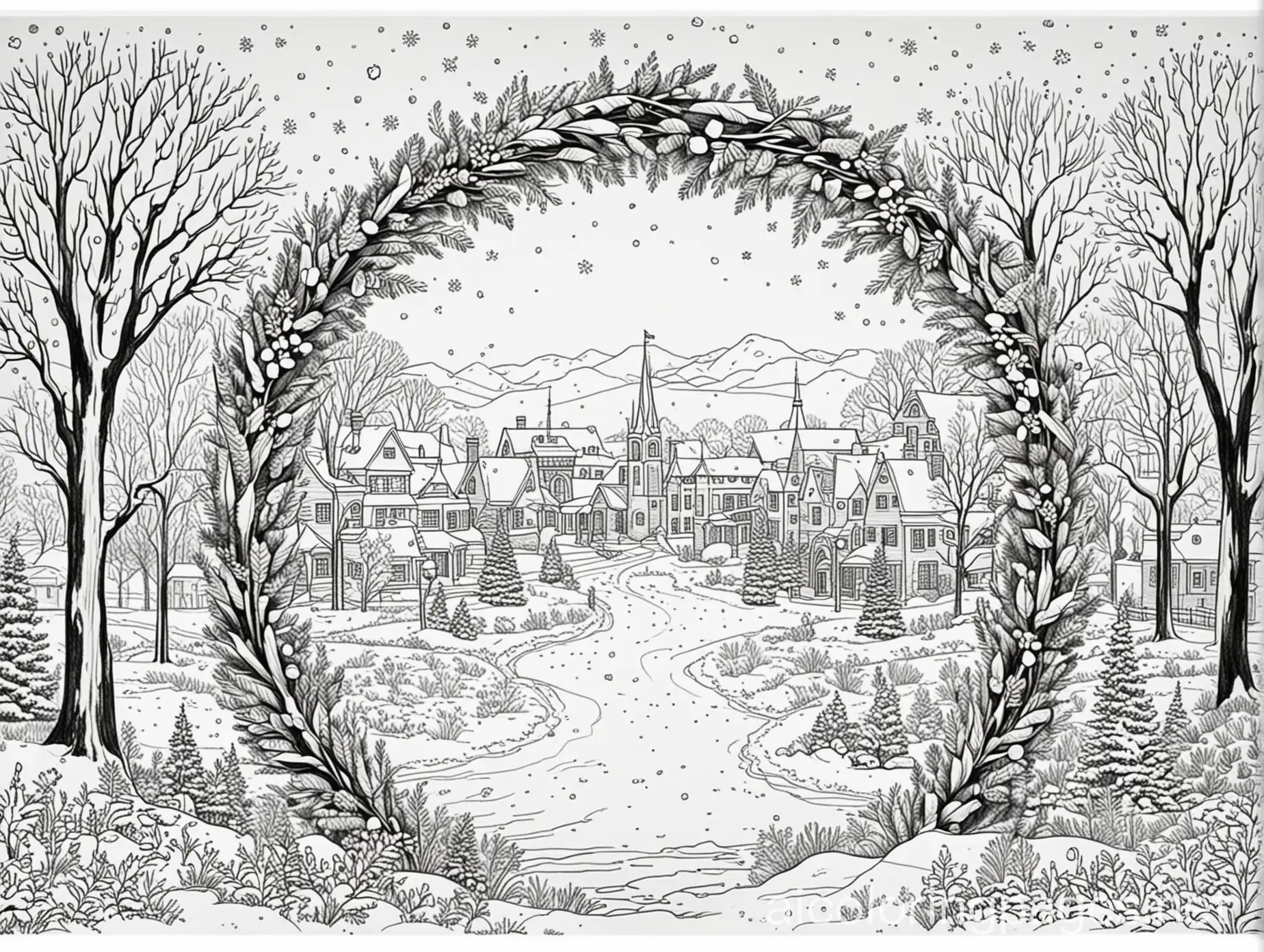 Christmas-Coloring-Page-Omaha-Nebraska-with-Wreaths-and-Snow