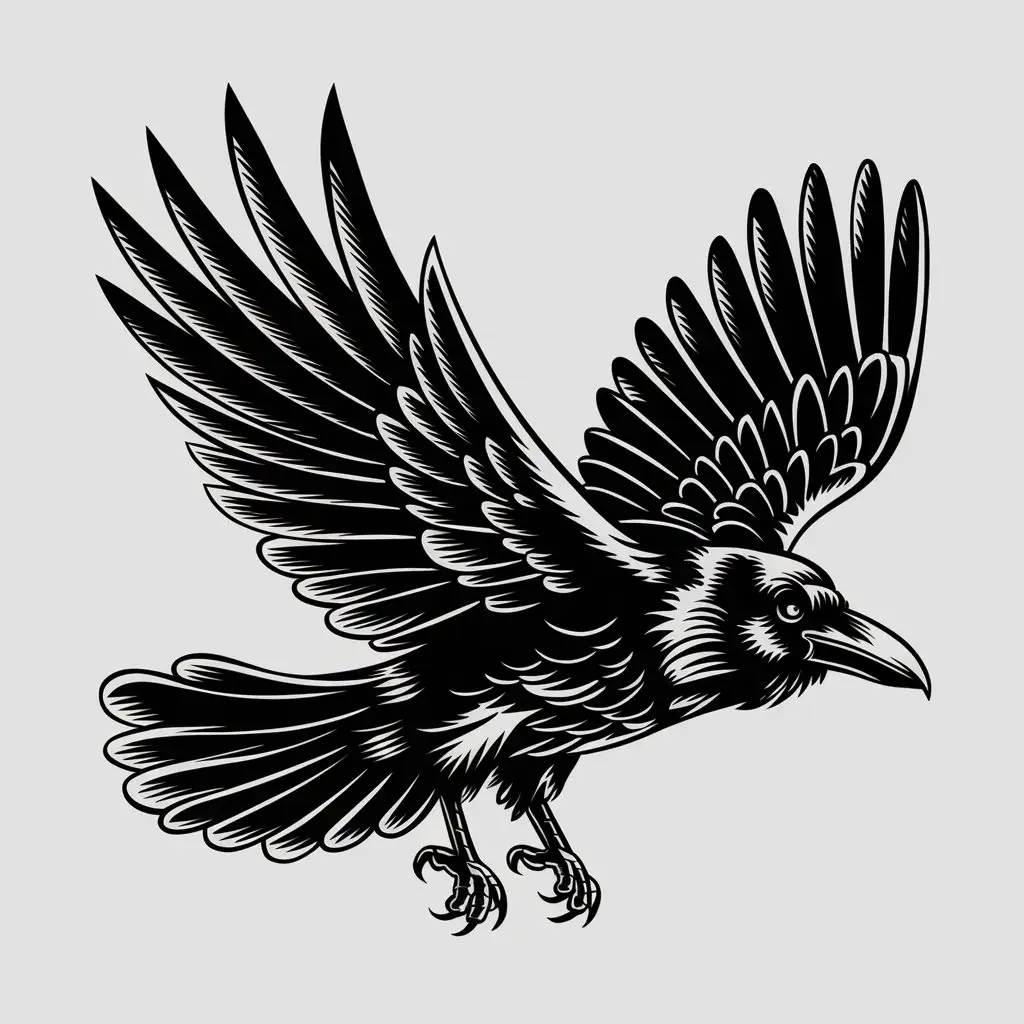 Majestic Raven in Old Tattoo Style Illustration