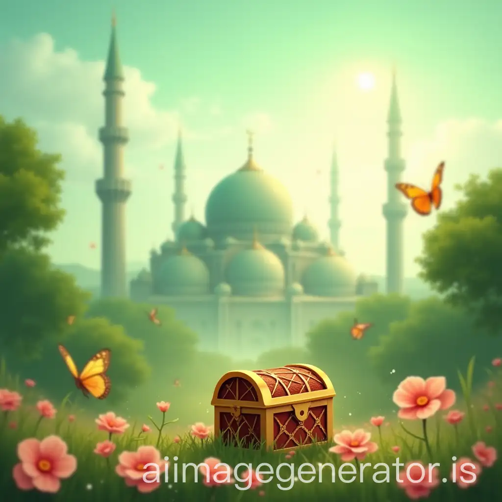 3D-Treasure-with-Butterflies-and-Flower-Garden-Against-a-Blurry-Mosque-Background