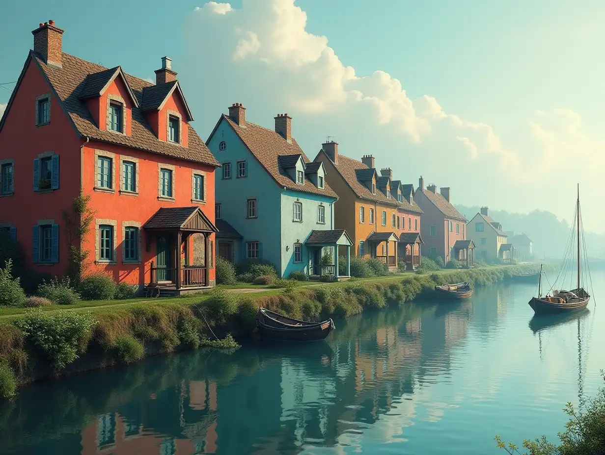 Dreamlike houses next to a river with fishing nets and a small boat.