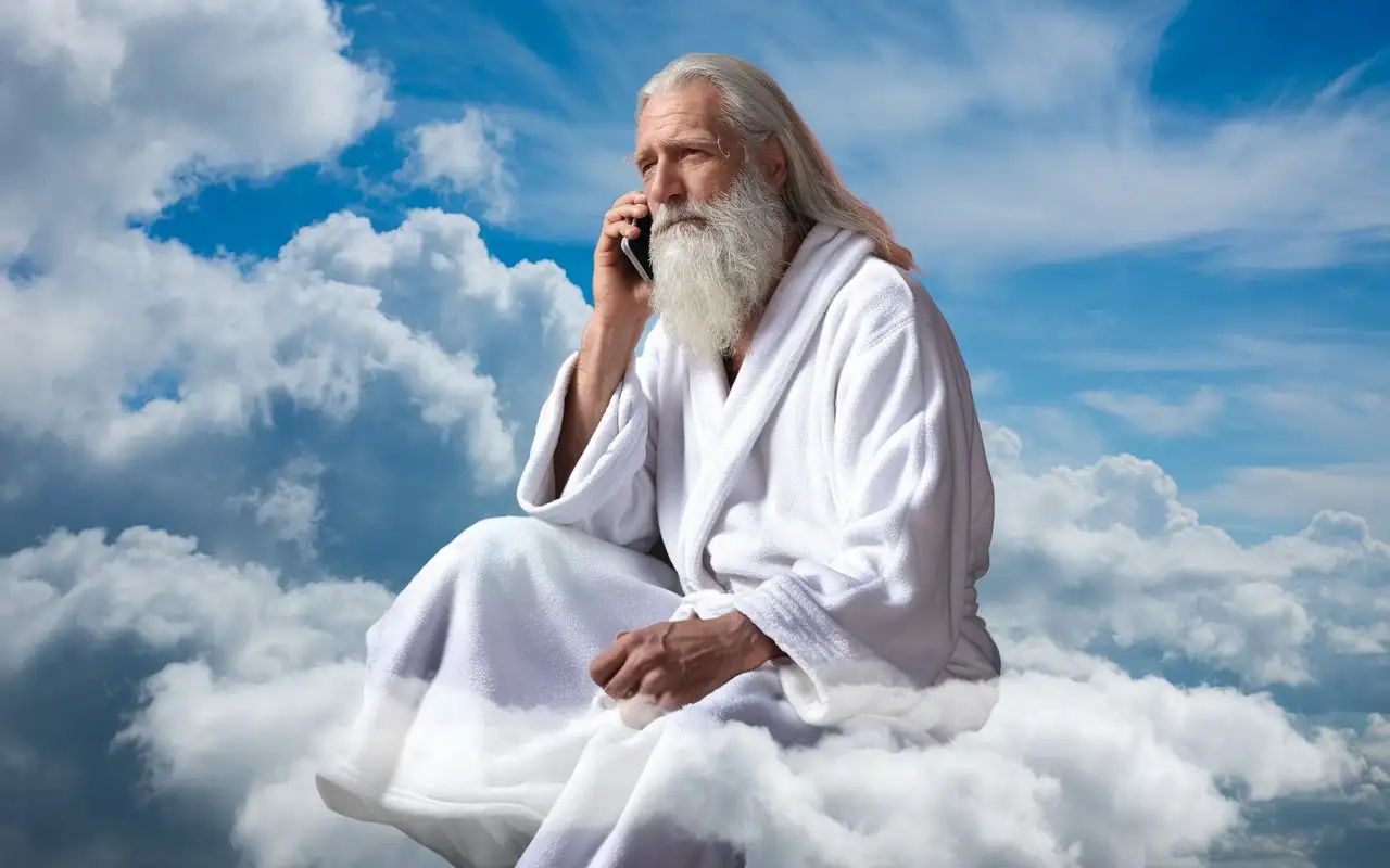 old man with long white hair and long white beard wearing long white robe sitting on a cloud.  He is talking on a mobile phone