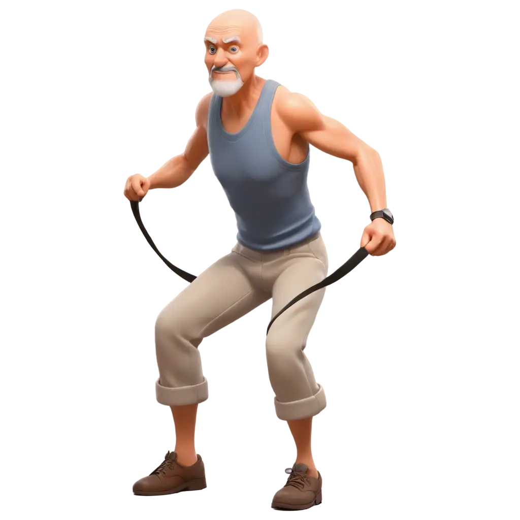 3D-CartoonStyle-PNG-Image-of-Elderly-Man-Exercising-with-Resistance-Band-Vibrant-Healthy-and-Muscular-Design