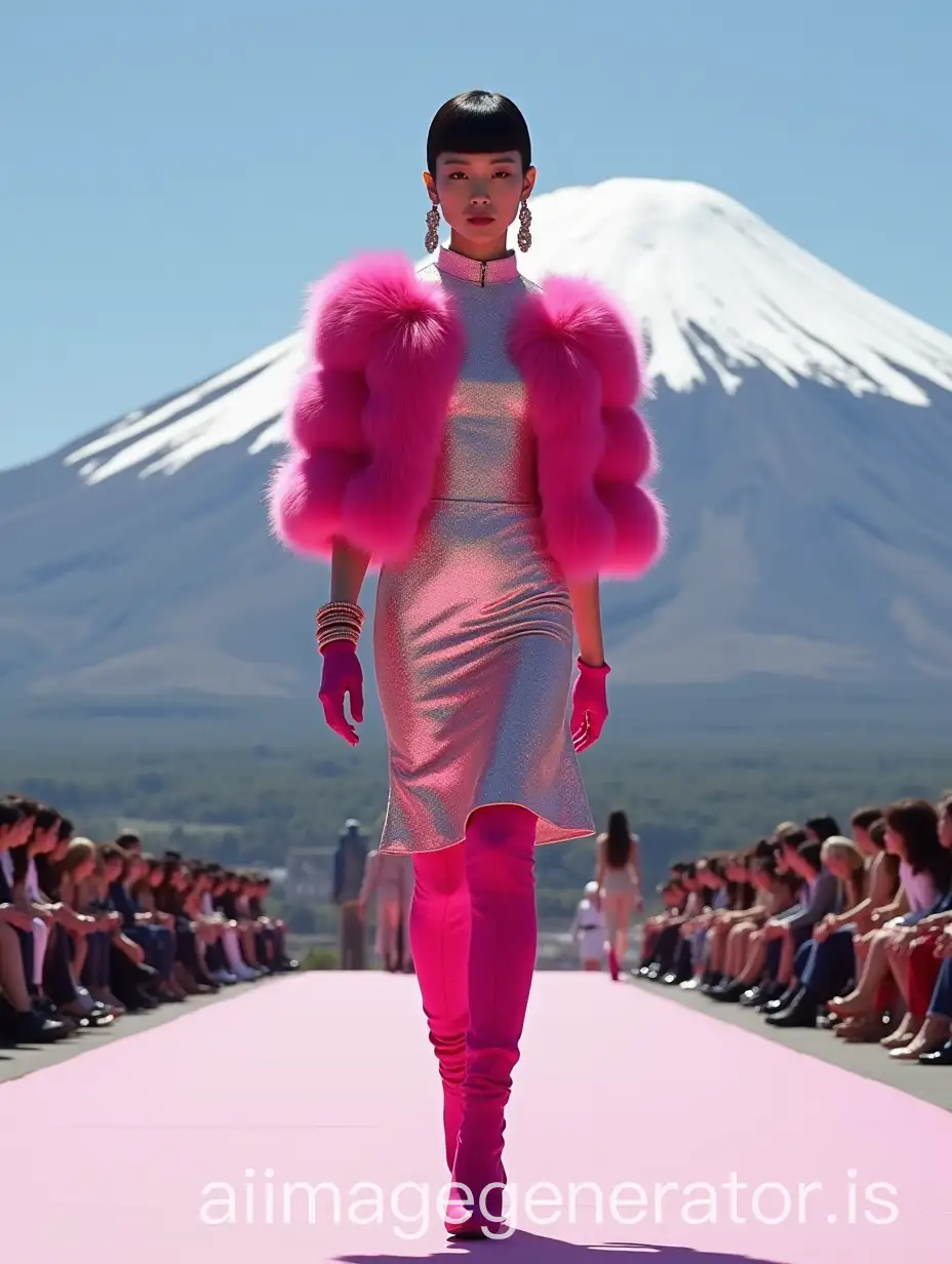 Fashionable-Japanese-Model-Showcasing-AvantGarde-Style-on-a-Catwalk-with-Mount-Fuji-in-the-Background