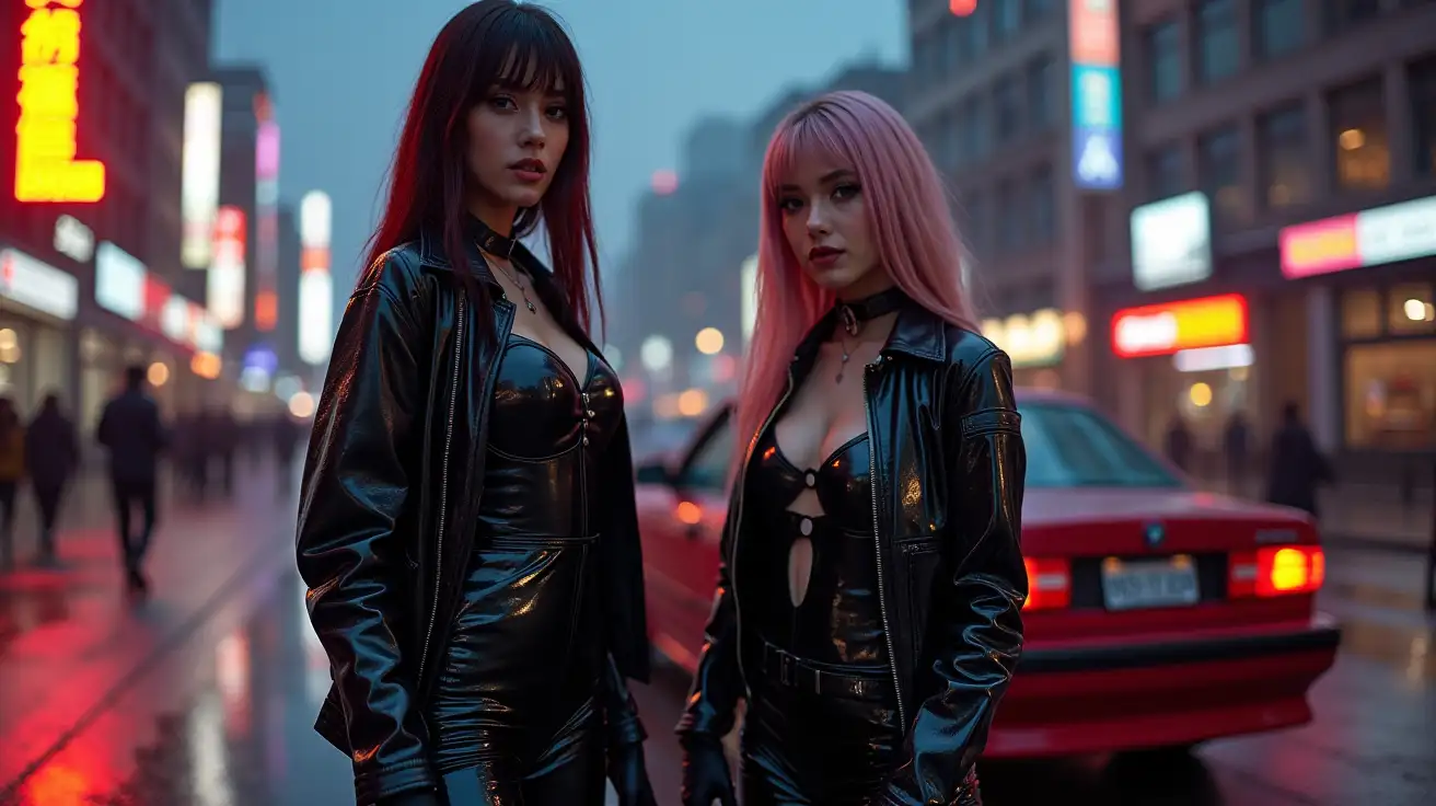 Cyberpunk-Women-in-Shiny-PVC-Outfits-with-BMW-M3-E30-in-Dusk-Cityscape