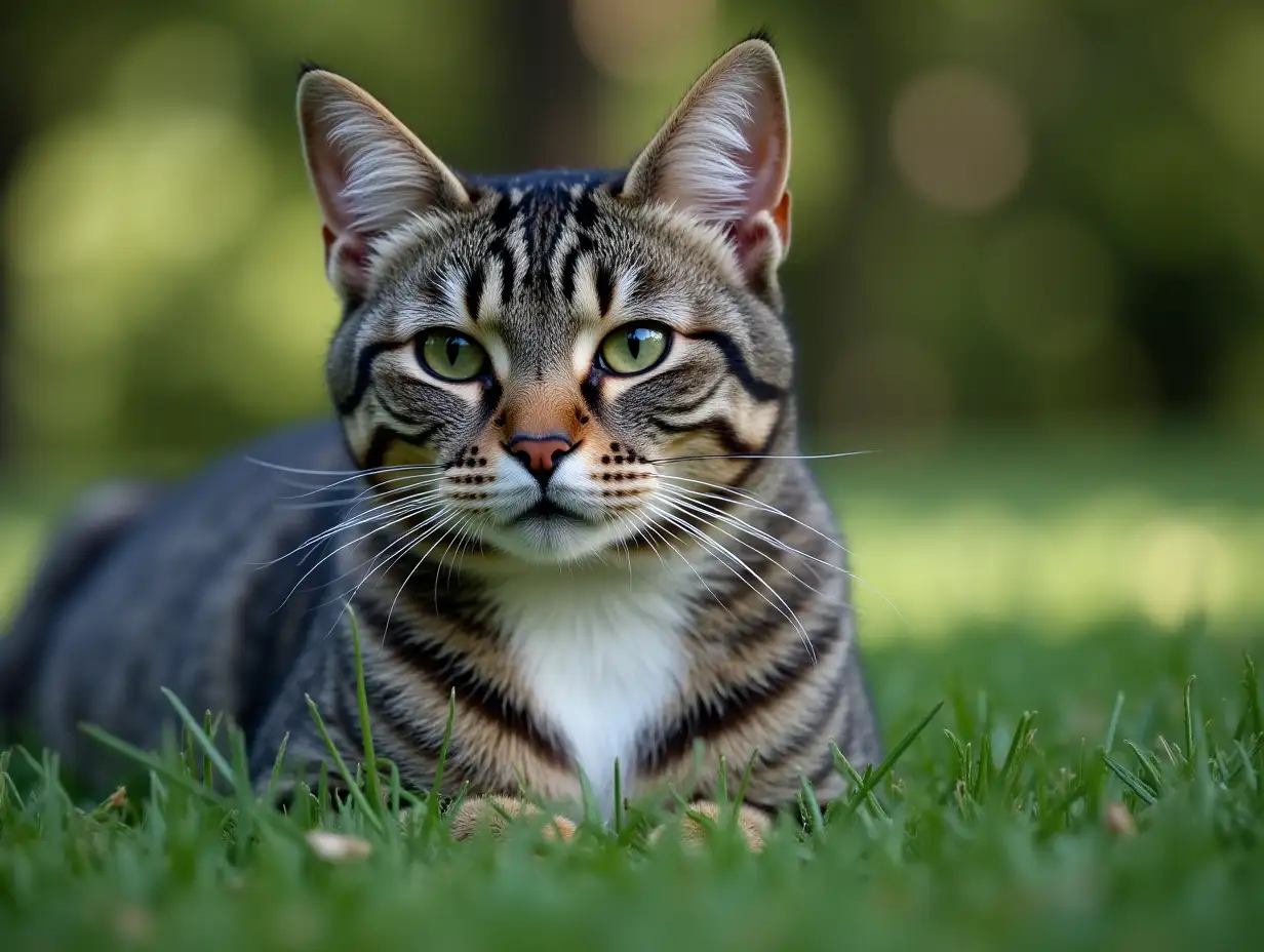 Serious Gray Tabby Cat Resting in Grass with Trees