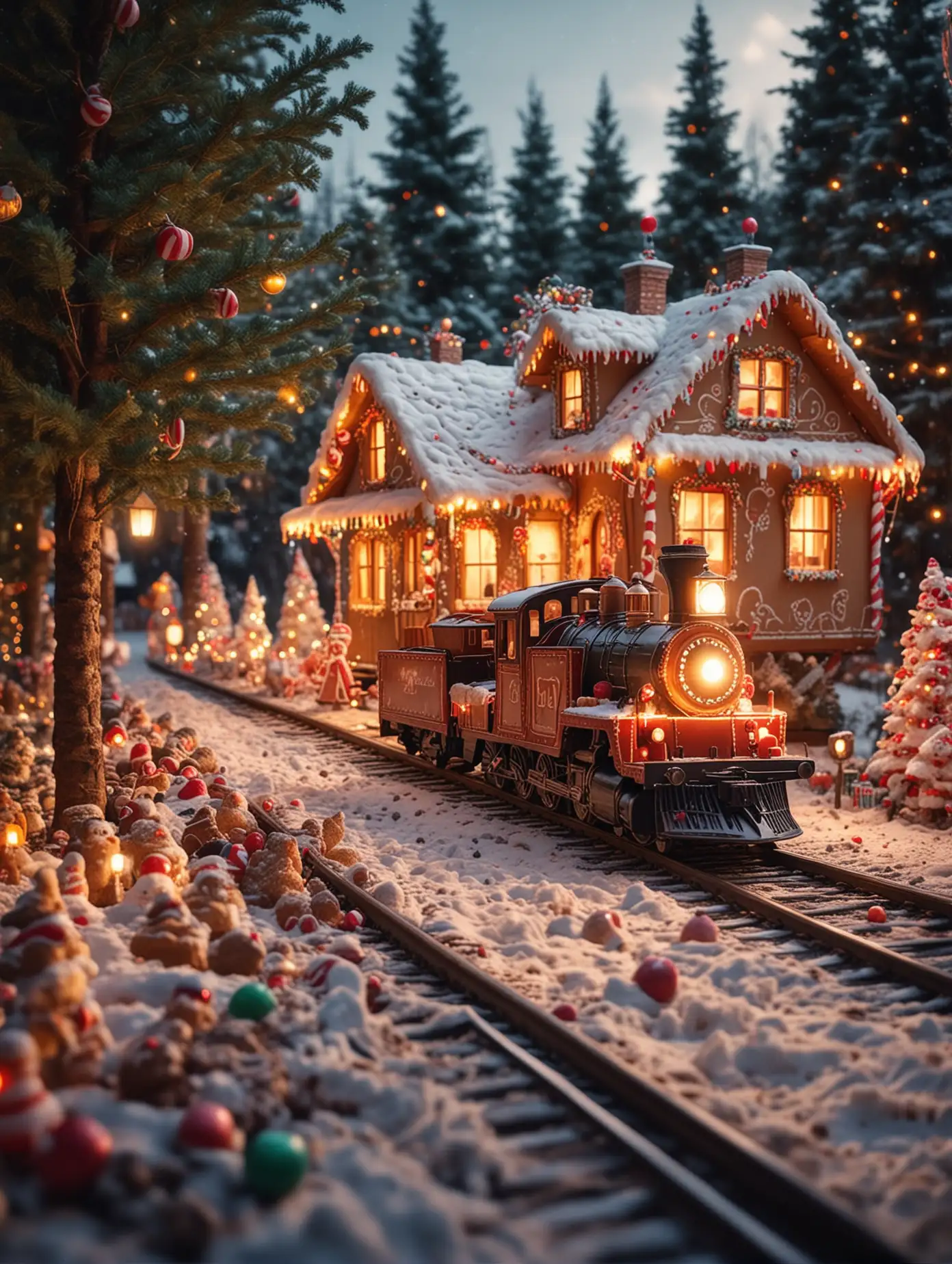 Beautiful Christmas train riding On The Rails towards camera, one the side christmas trees with candy canes, gingerbread and sweets, some lights on the trees, in the background cozy house, Christmas climat, warm colors, ultra high details