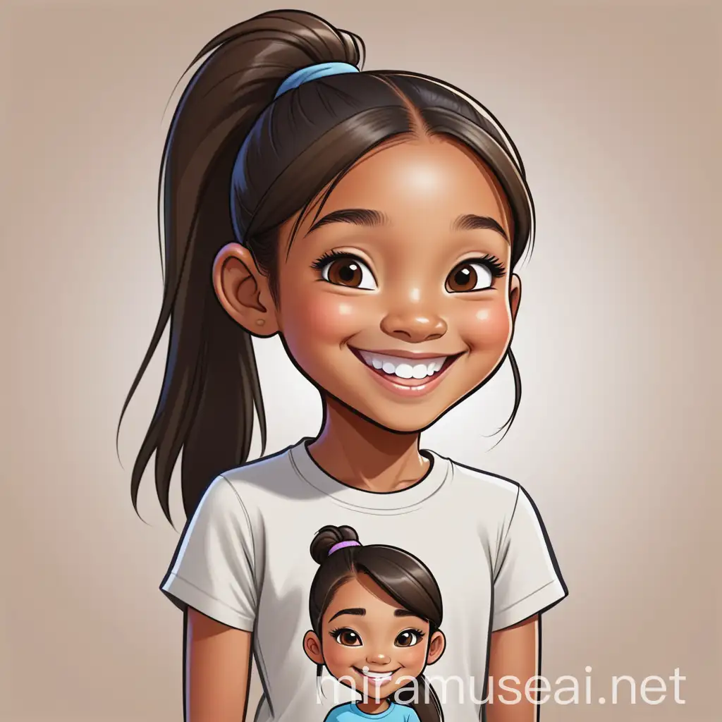 Young Asian American Girl Smiling with High Ponytail in Cartoon Style