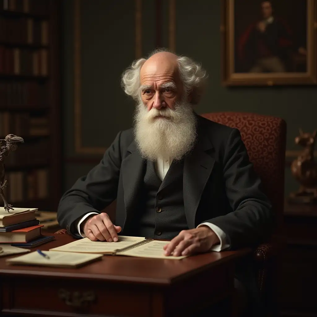 create a portrait image as realistic as possible with the scientist Charles Darwin in which he reads documents and in his office there are also animals. I want his face to be identical to the one in the photos with Charles Darwin