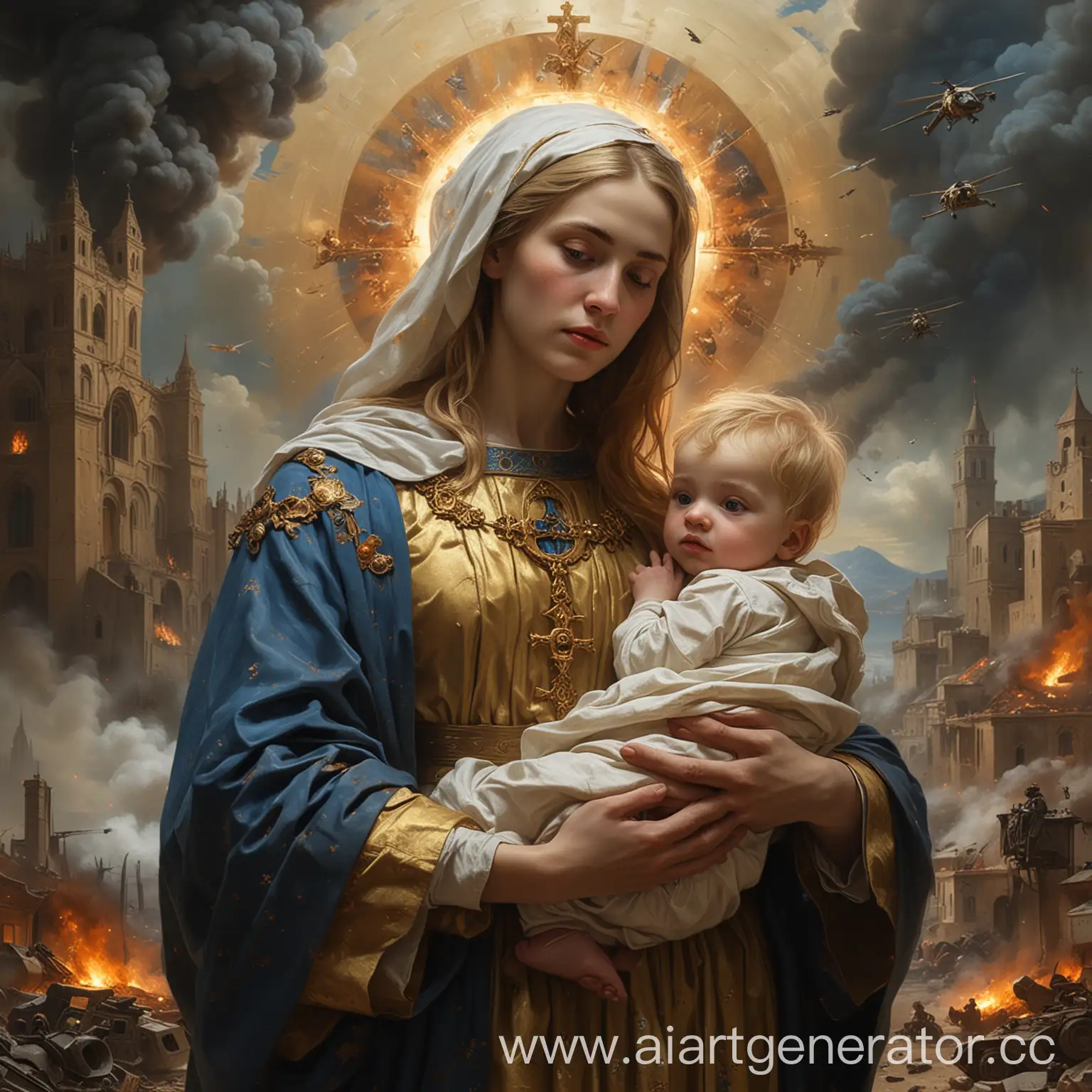 user_prompt: A close-up portrait of three figures: a woman named Saint Maria and two children. The portrait features a woman named Saint Maria gently holding a baby boy, while a young golden-haired boy of about five stands nearby, hugging the woman's waist. A halo floats above the woman's head. In the background, one can see an apocalyptic landscape where two opposing forces engage in their final deadly battle. Military vehicles such as tanks and drones are visible, along with dead soldiers, dark smoke from explosions, and fires. The characters and objects appear to be in a gravitational pull, creating an unusual painting composition. Saint Maria wears modern clothing with golden, blue, orange, and black colors and ornamental motifs inspired by Gustav Klimt.