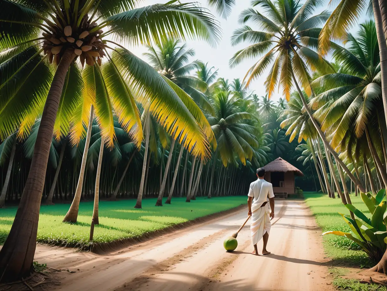 A cinematic scene of a coconut farm in India, set under the bright and warm midday sun. Towering coconut palms stretch as far as the eye can see, their long, slender trunks reaching upwards, crowned with large, lush green fronds that sway gently in the breeze. The ground below is covered with a mix of soft, sandy soil and patches of green grass, dappled with sunlight filtering through the canopy of leaves.

In the foreground, a farmer in traditional South Indian attire—wearing a white dhoti and a simple shirt—stands at the base of a tree, using a long bamboo pole with a hook to skillfully harvest coconuts. The freshly plucked coconuts are piled nearby, their rough, brown husks contrasting with the vibrant green surroundings.

In the background, the farm extends into the distance, with rows of palm trees creating a pattern that leads the eye towards the horizon. A small, rustic hut with a thatched roof is nestled among the trees, serving as a resting spot for the farmers. The scene is peaceful, with the sound of rustling leaves and the occasional thud of falling coconuts adding to the tranquil atmosphere.

Style:
Realistic and cinematic, with an emphasis on capturing the natural beauty and rhythm of life on a coconut farm. The color palette is dominated by shades of green, with warm sunlight creating a serene and inviting mood. The image should evoke a sense of calm and connection to the land, highlighting the simplicity and harmony of rural life.