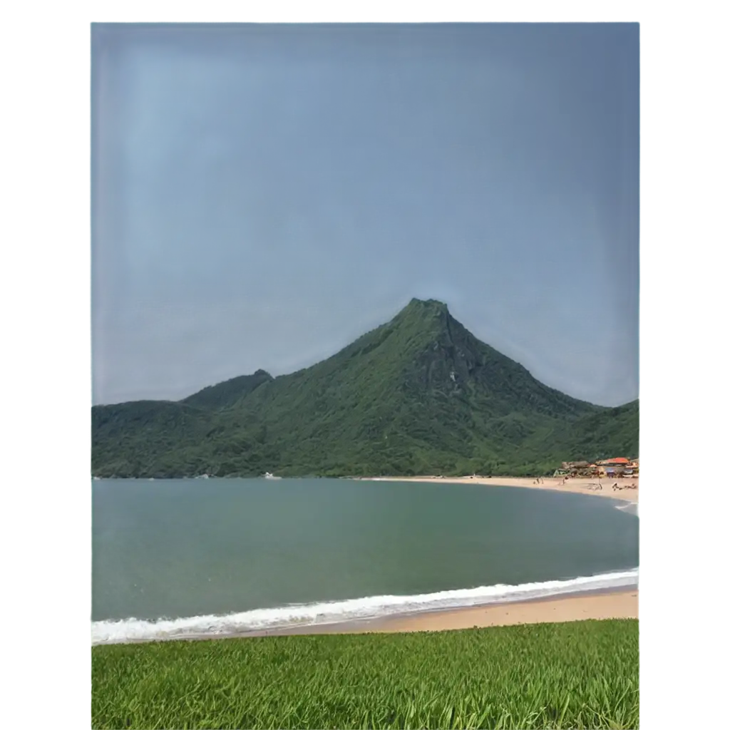 Serene-Beach-and-Mountain-PNG-Image-with-Green-Ground-and-People-Ideal-for-Nature-and-Outdoor-Design-Projects