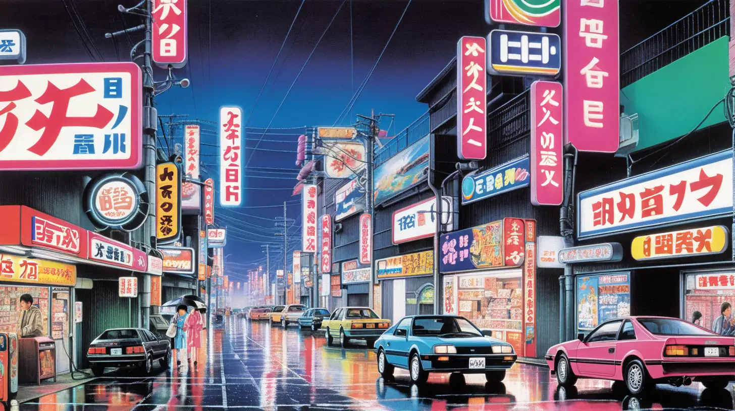 Rainy 80s90s Tokyo Night with Neon Signs and Retro Gaming Vibes