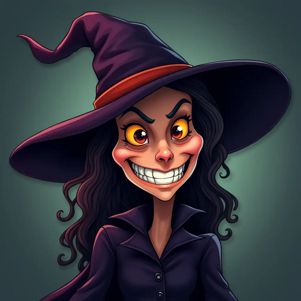 Cartoon Witch Smiling Evil with Playful Magic Sparkles