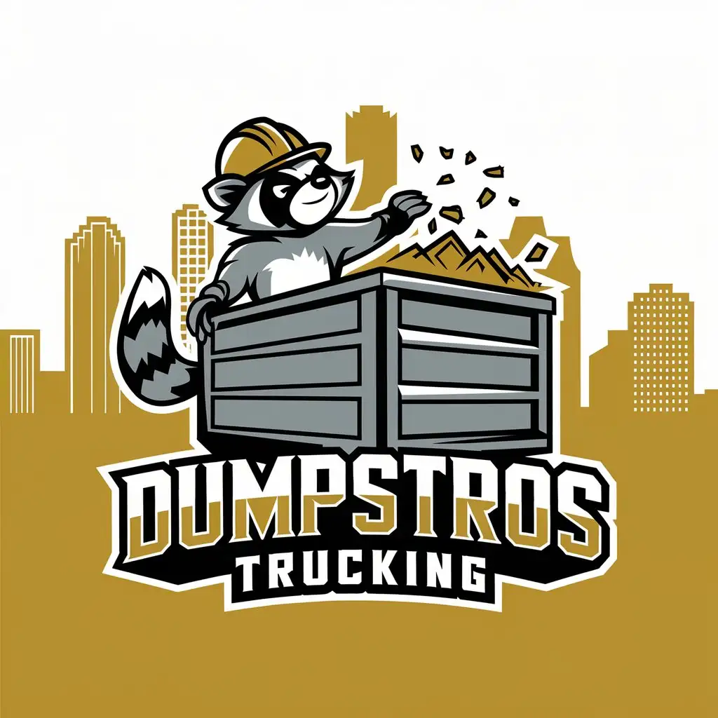 LOGO Design for Dumpstros Trucking Raccoon in Hardhat with Houston Skyscrapers and Dumpster Theme