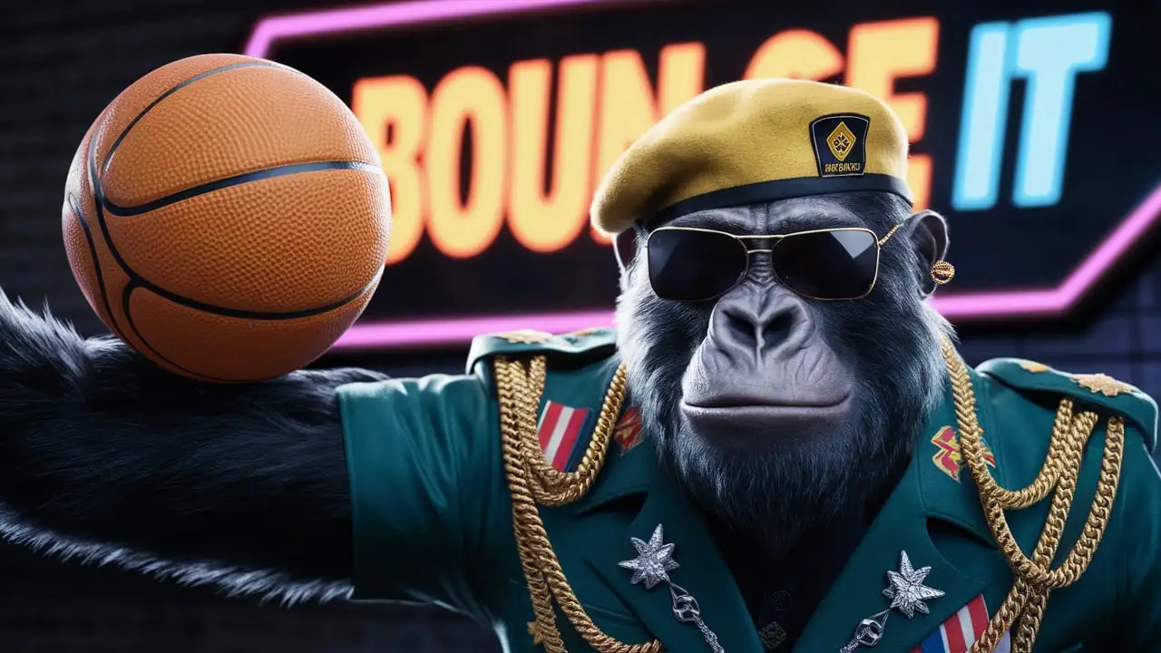 Gorilla in Yellow Hawaiian Military Clothes with Basketball