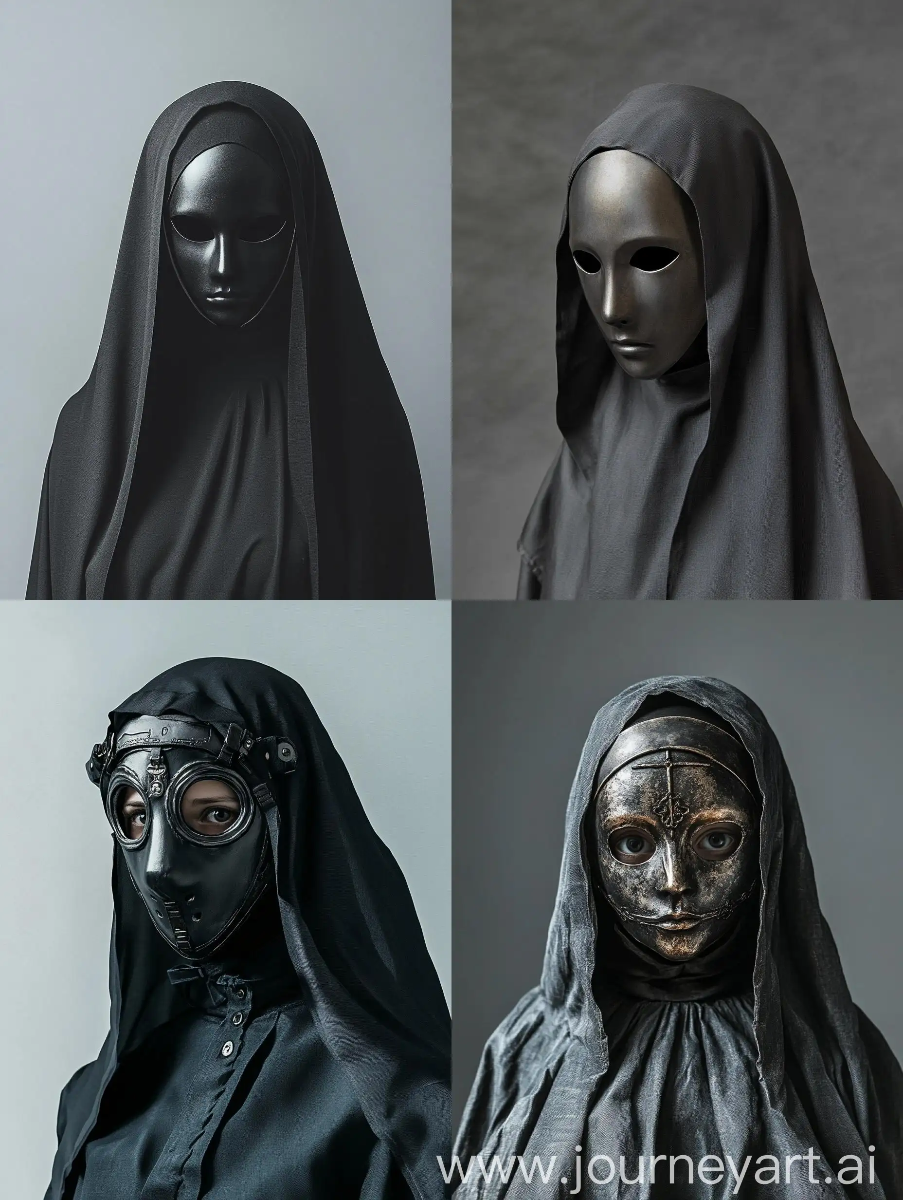 Mysterious-GirlNun-in-Iron-Mask-Against-Gray-Backdrop