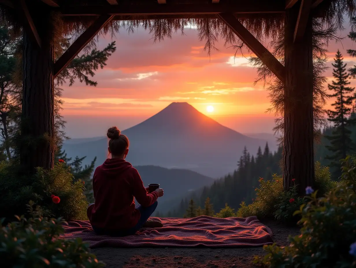 Dawn on the background of a key volcano I sit in arbor drinking tea and admire the dawn
